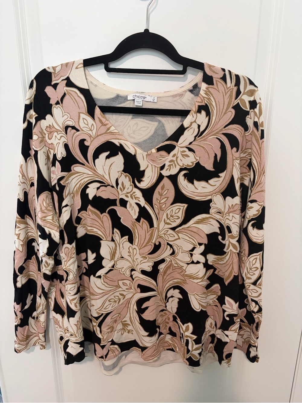 Chico's Black, Blush & Cream Scroll V-Neck Floral Sweater
